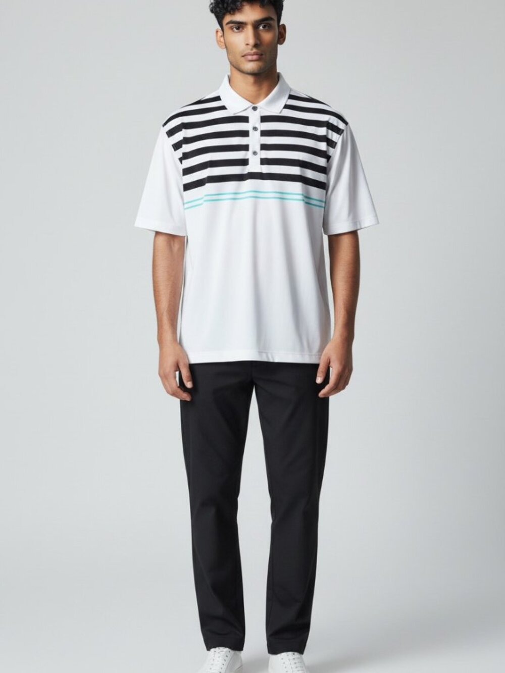 FootJoy White Polo with Black Stripes and Teal Accent